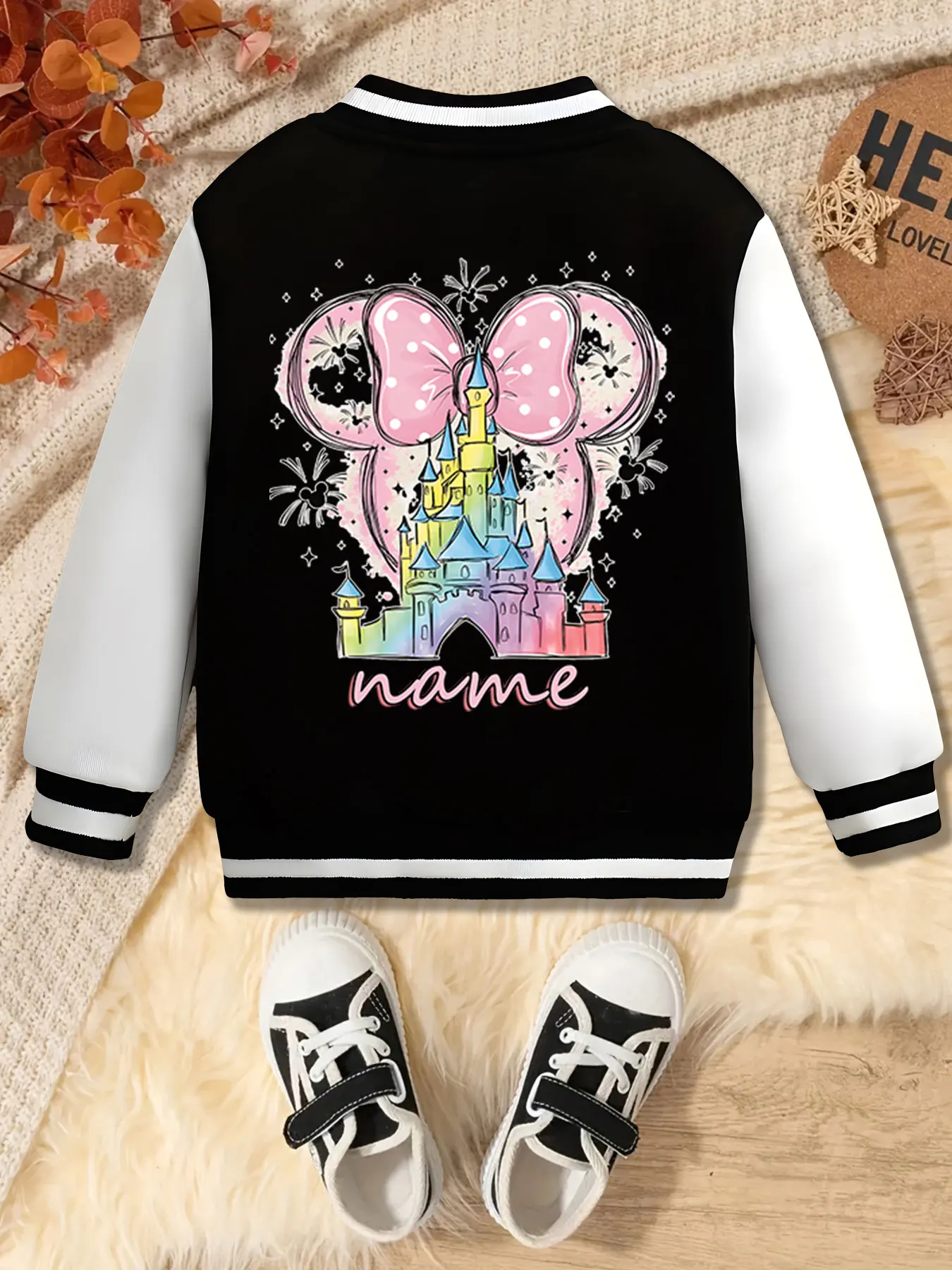 سترة بيسبول للفتيات من MINISO Disney Minnie's Castle - طباعة حالمة على الوجهين، دافئة ورومانسية في الخريف والشتاء، مناسبة