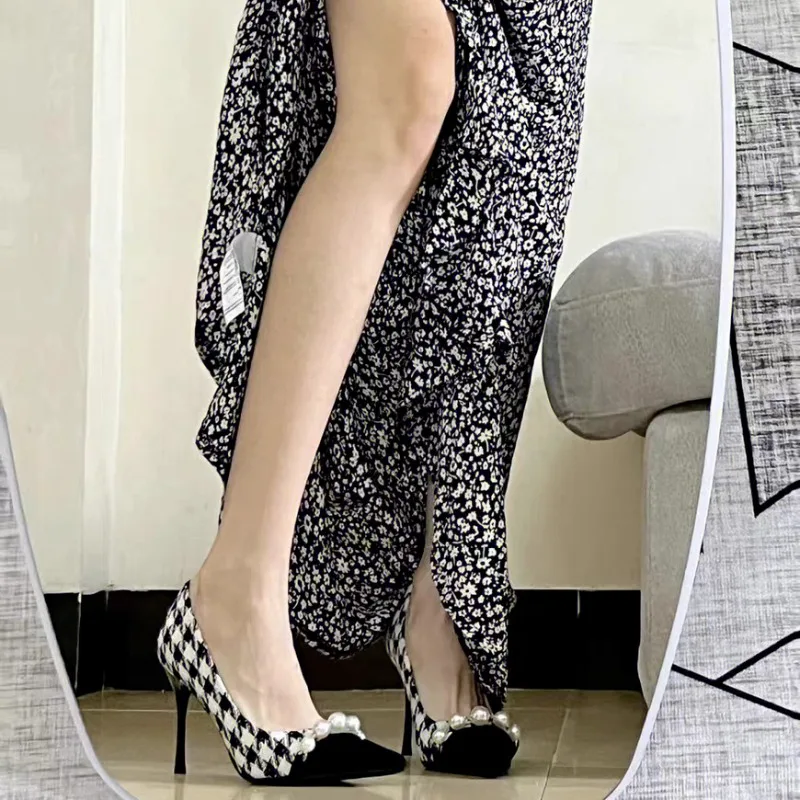 Thousand Bird Lattice High Heels Women 2024 Spring/summer New Pearl Professional Work Shoes Female Temperament Fine Heel Shoes