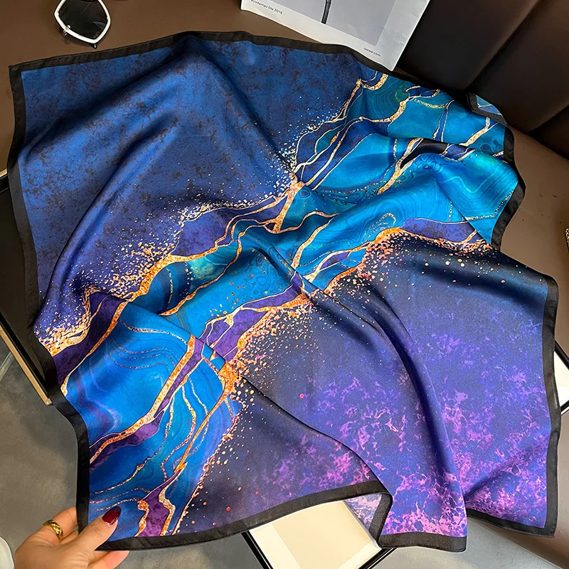 

100% Natural Silk Square Scarf Women Autumn 70x70cm Elegant Blue Tie-dye Silk Scarf Ladies Handkerchief Neck Warmer