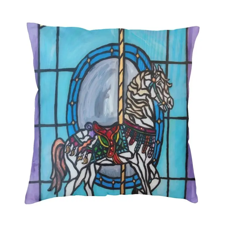 Stained Glass Carousel Horse Cushion Cover 45x45cm Decoration 3D Print Throw Pillow for Living Room Double-sided