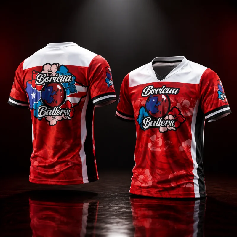 Red Hibiscus Floral V Neck Bowling Jersey  Frog Bowling Ball Flag 3D Breathable Quick Dry Sports Tee for Family Wear