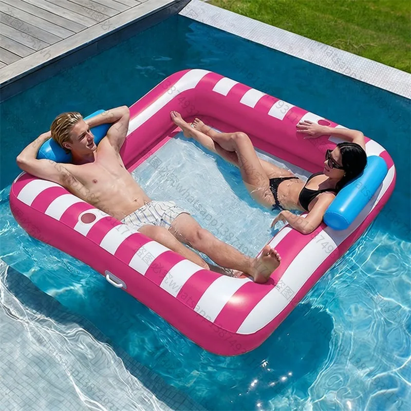 New Striped Square Inflatable Lounge Chair, Thickened Large Double‑Person Water Float Bed for Pool Sunbathing