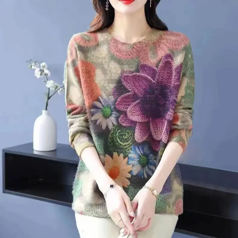 Imitazione maglione di visone letteratura femminile Pullover retrò 2024 autunno inverno Pullover sciolto grande abbigliamento femminile girocollo