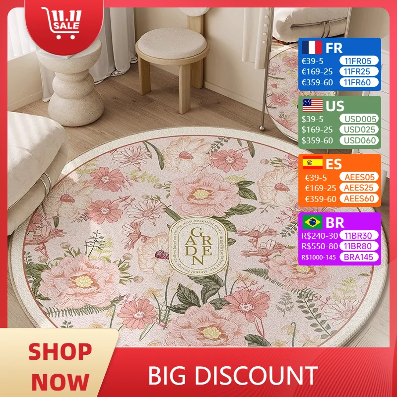 

Round Living Room Carpet Floral Print Bedroom Bedside Rug IG Home Christmas Gift Velvet Cloakroom Plush Floor Mat Ковер Tapis 러그