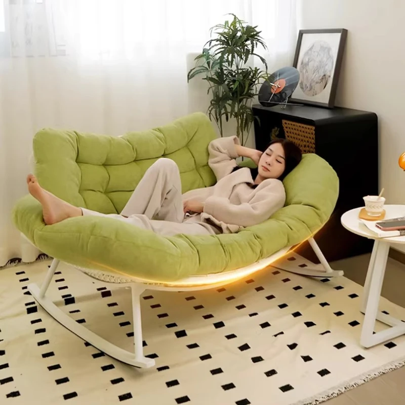 French Style Rattan Rocking Chair Shell Pattern Accent Chair with Ottoman Vintage Velvet Lounge Chair for Living Room & Home