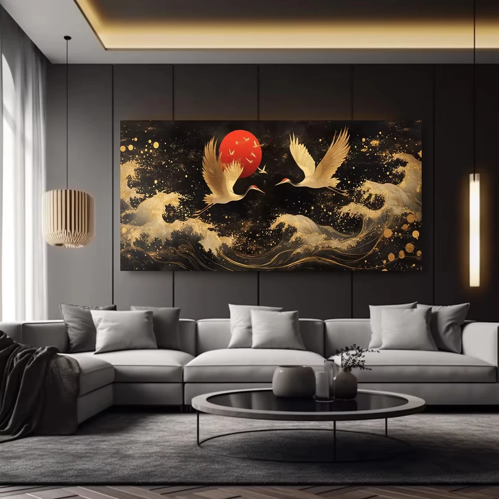 Goldener Rotkronenkranich Rote Sonne Poster und Drucke Tier-Vogel-Kunst Leinwandgemälde Wandbild für Wohnzimmer Heimdekoration – Detail 5