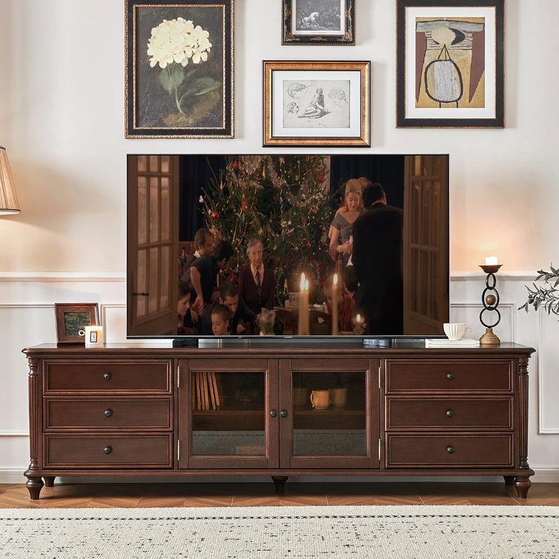 American retro TV cabinet floor-to-ceiling all solid wood living room home 2.2 meters storage locker integrated 2025 new model