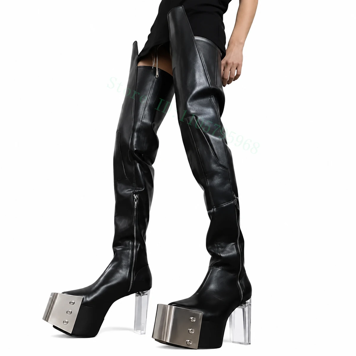 Futuristic Over‑the‑Knee Platform Boots Square Toe Clear Block Heel Side Zip Punk Stage Performance Footwear
