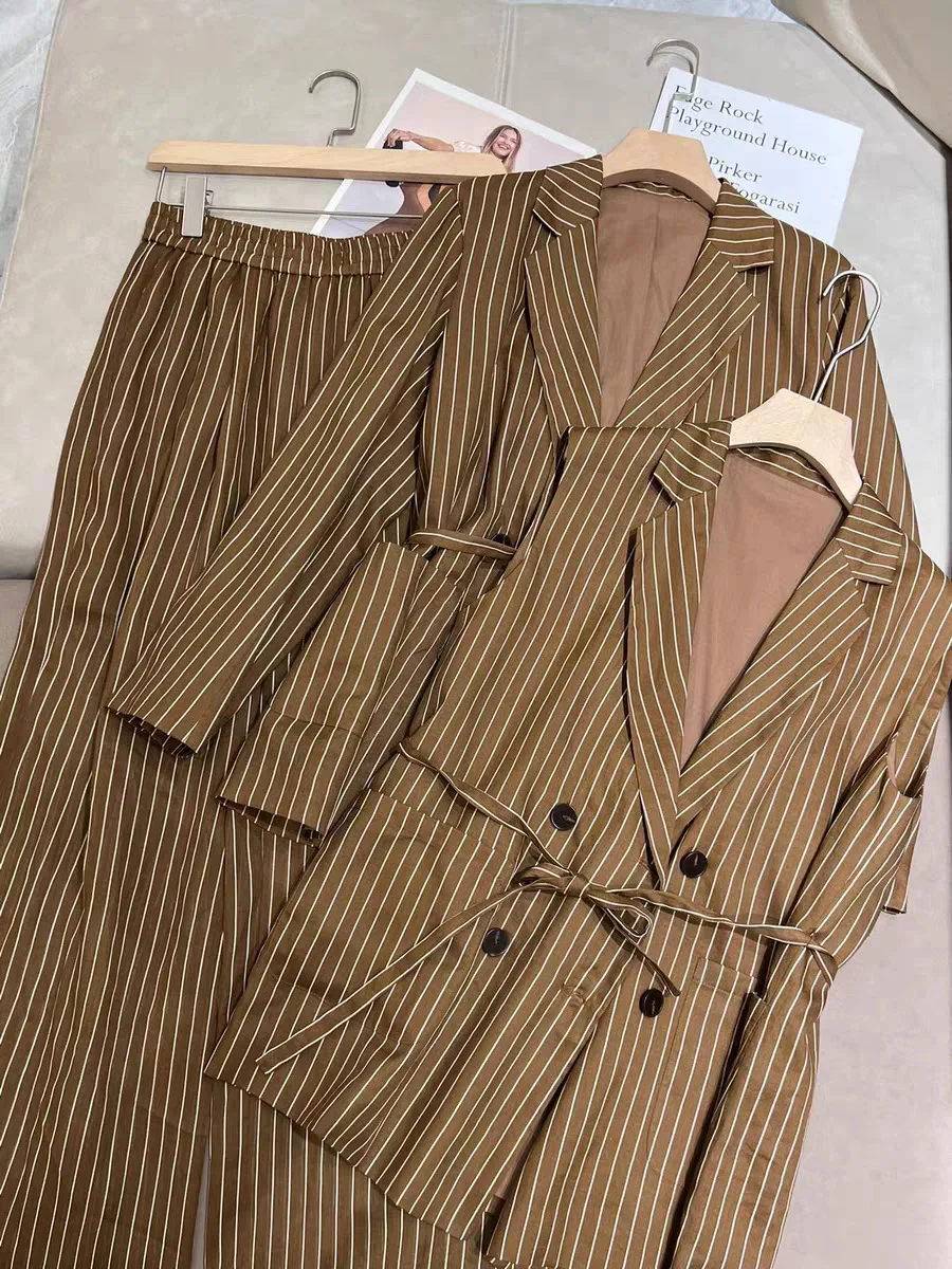 Autumn Winter 2024 Women's Striped Set Lace-up Double Breasted Blazer or Notched Sleeveless Vest or Elastic Waist Straight Pants