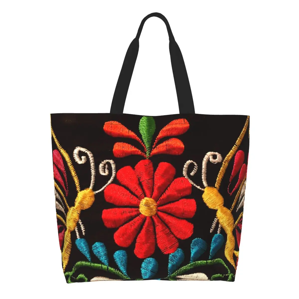 Bolso de compras personalizado con diseño de mariposas y flores mexicanas, bolso grande de hombro de lona, bolsas de compras para comestibles artísticas otomi