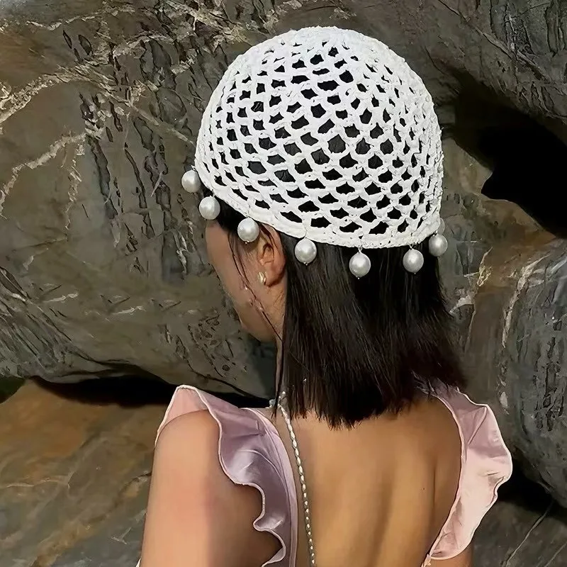 

Korean Solid Color Handmade Hollow Crocheted Knitted Hat Autumn Thin Pearl Pendant Mesh Short Brim Skull Beanie Cap for Women's