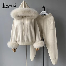 Luxyonuo Women's Sweater Set with Real Fox Fur Ladies Autumn Fashion Knit Hooded Tops and Pants Solid Color Pullover Female 2024