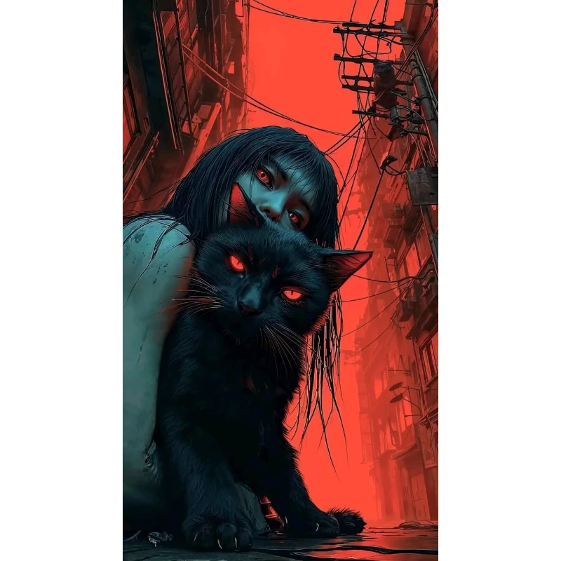 

500/1000/1200/2000 PCS Jigsaw Puzzles Scary Black Cat and Girl Family Activity Games for Gameroom Bedroom Home Decor Gift