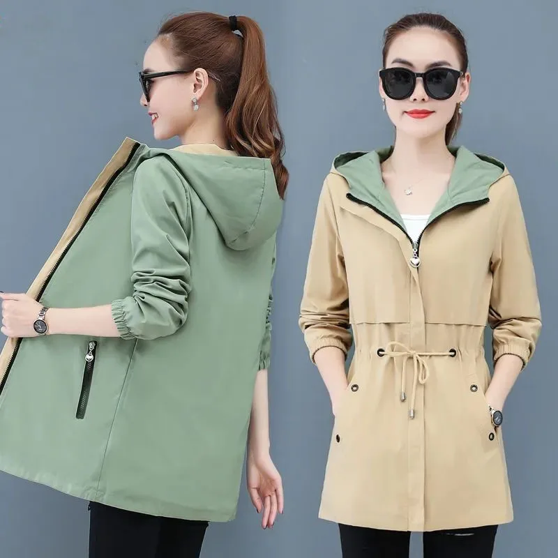 

Double-Sided Trench Coat Women 2023New Spring Autumn Clothes Hooded Large Size Long Windbreaker Female Outerwear Casual Tops 5XL