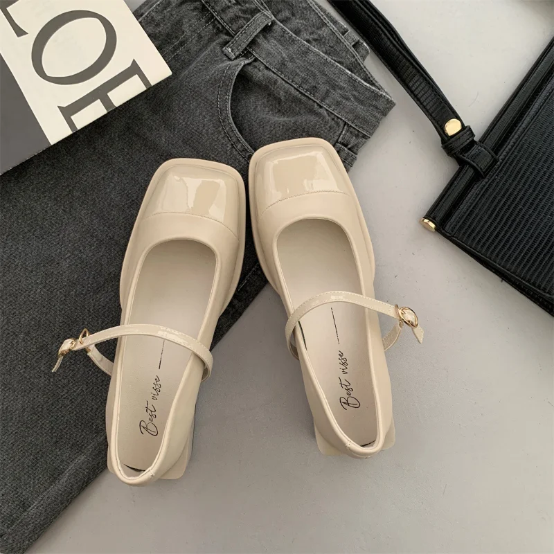 Designer Women Mary Jane Shoes Spring Leahter Shoes Fashion Buckle Female Square Head Toe Mid Heel Elegant Woman Pumps