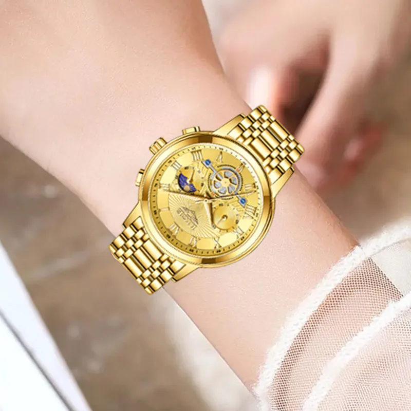 LIGE-Reloj de pulsera de lujo para mujer, cronógrafo dorado luminoso, resistente al agua, de cuarzo, de acero inoxidable + caja, nuevo