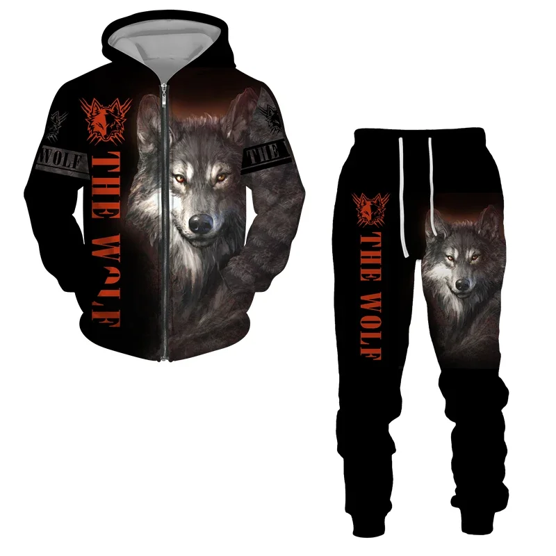 Men 3D Printed Wolf Zipper Hoodies Suit Animal Tracksuit/Pants Long Sleeve Casual Streetwear Oversize Autumn Winter High-quality