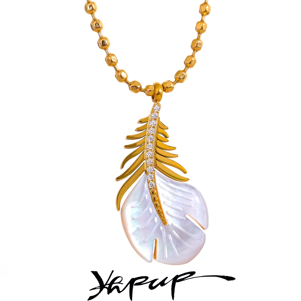 Yhpup Luxury Natural Shell Feather Pendant Stainless Steel Golden Collar Necklace Fashion Jewelry Gift 18K PVD Plated Bijoux