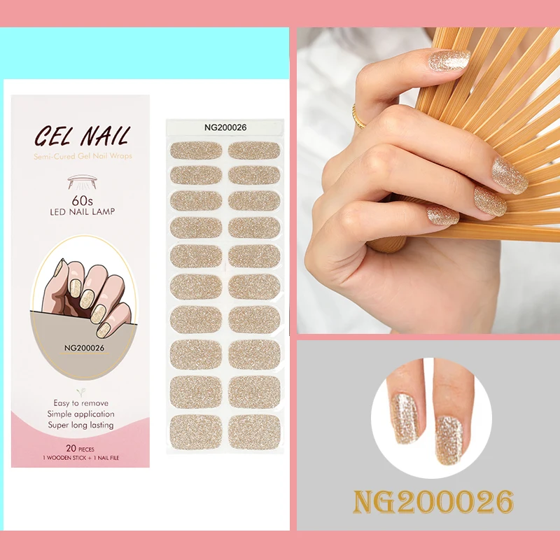 Gold Gradient Glitter Color Gel Nail Strips Adhesive Waterproof Long Lasting Semi-Cured Gel Nail Sticker Harden In UV Lamp Need