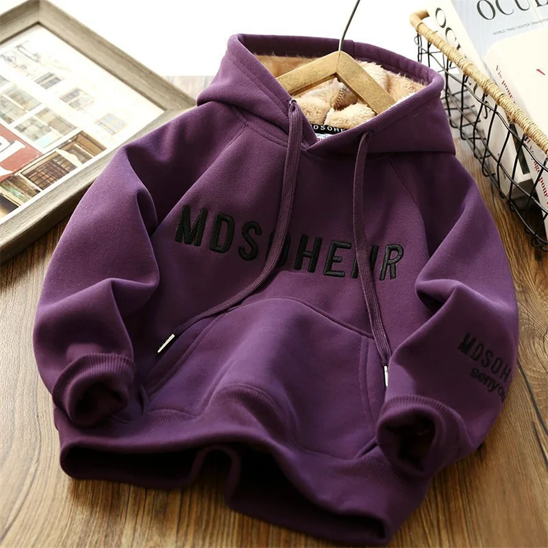 2023 Winter Kids Hoodies Boys Fashion Letter Sweatshirts Thicken Plus Velvet Warm Tracksuit Children Autumn Winter Clothing