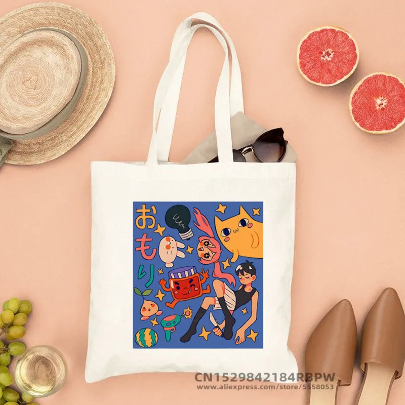 Omori Game Ladies Handbags Cloth Canvas Anime Neutral Cat Shopping Bag Canvas Bags Shopper Security Bag Reusable Shopper Canvas