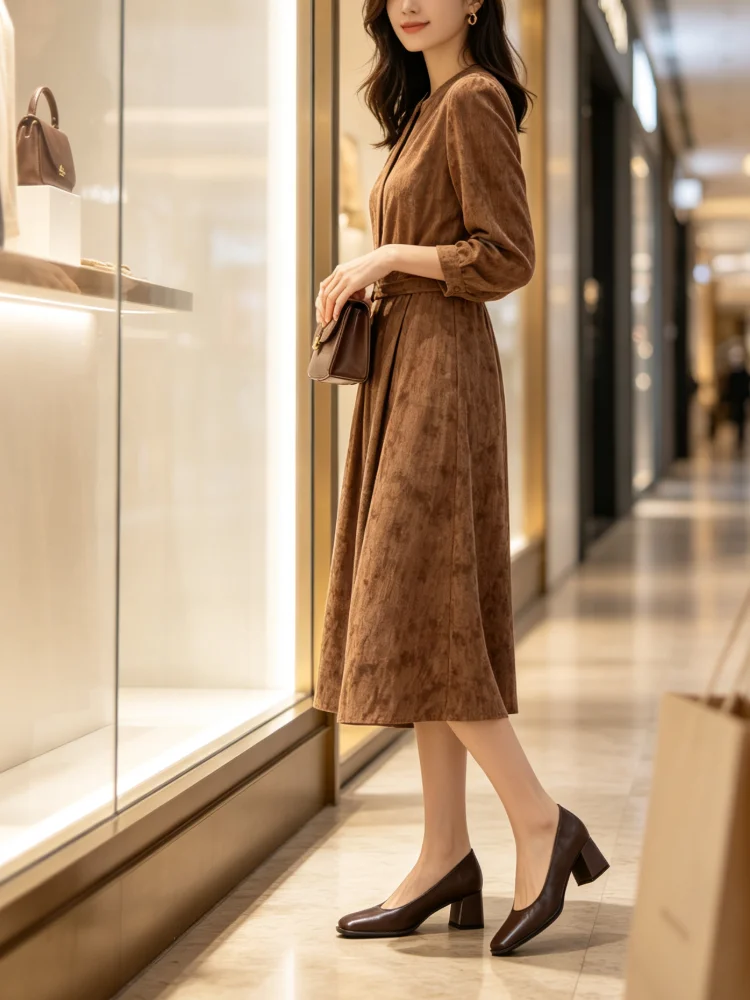 Women Retro Square Toe Block Heel Pumps Soft Leather Shallow Mouth Pumps Elegant Commuter Office Versatile High‑Heeled Shoes
