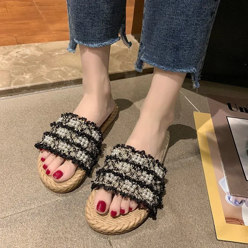 2024 Women's Summer  Slippers Comfortable Linen Slippers Lace Pearl Linen Flip Flops Thick Sole Sandals Women's Indoor Shoes