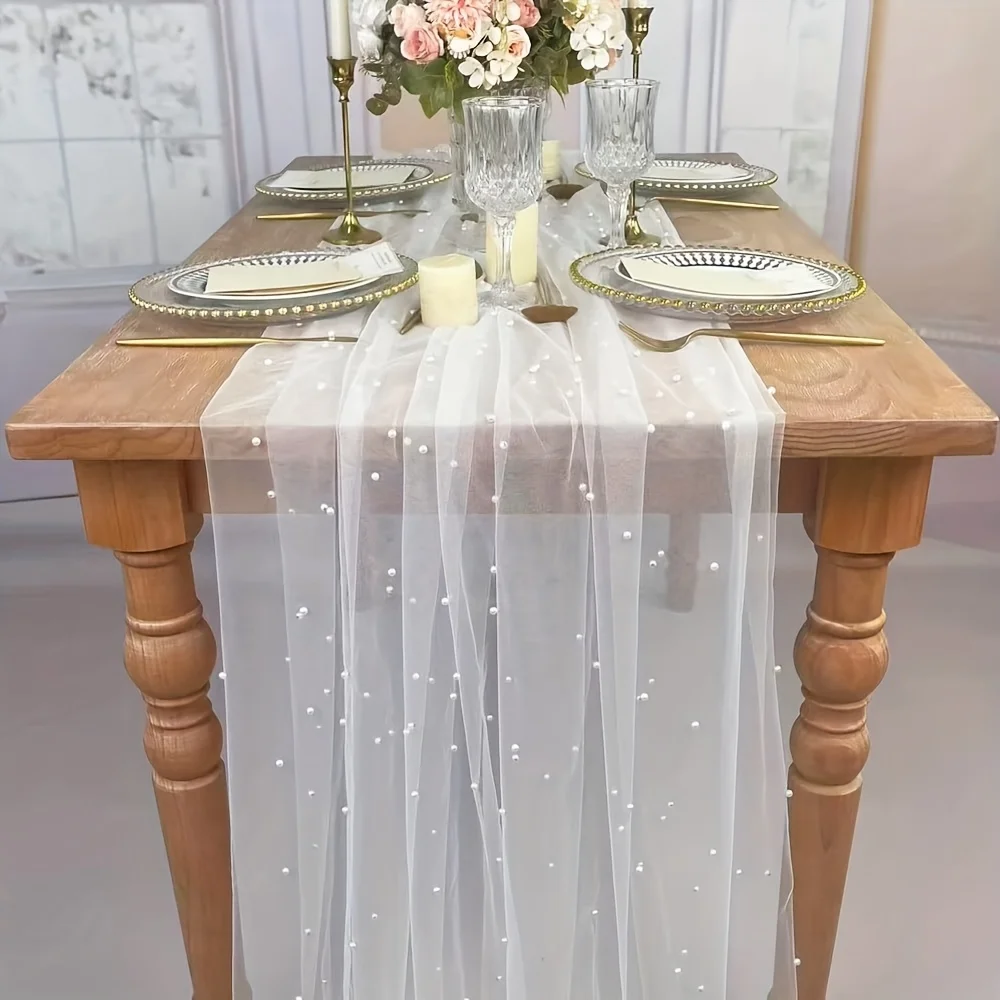 Pearl mesh rhinestone table runner tablecloth table mat decoration wedding dress pearl decorative fabric sheer table mat
