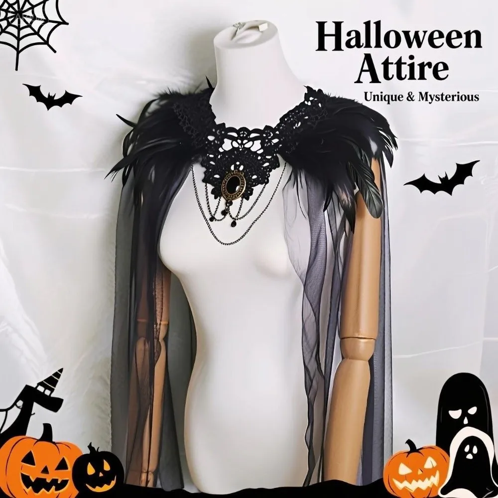 

Medieval Cape Creative Gothic Witch Shawl Crystal Feather Halloween Cloak Carnival Party Black Tulle Capes Enfant