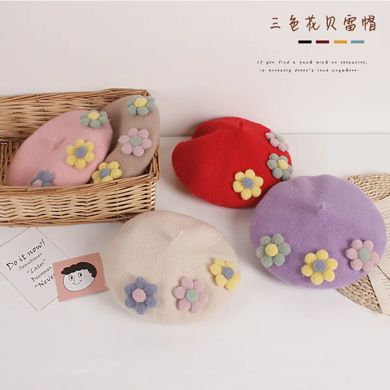 Kids Girls Berets Caps Three color flower Princess Floral Children 3D Flowers Beanies Hats Autumn Winter Warm Caps