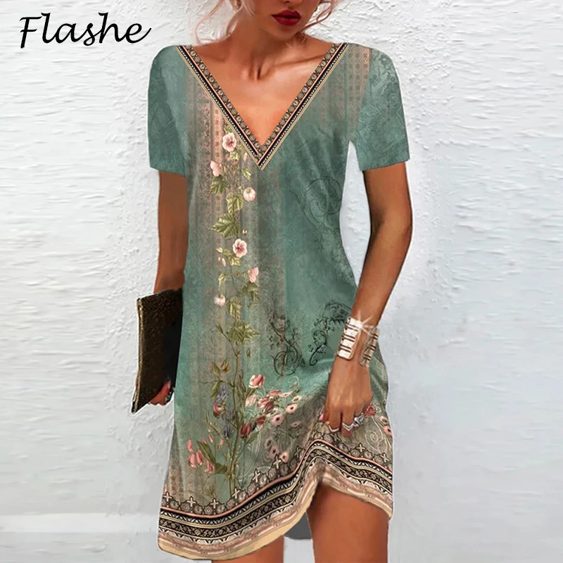 Mini vestido boho com decote em v feminino, estampa vintage, flor, elegante, solto, praia, feriado, verão