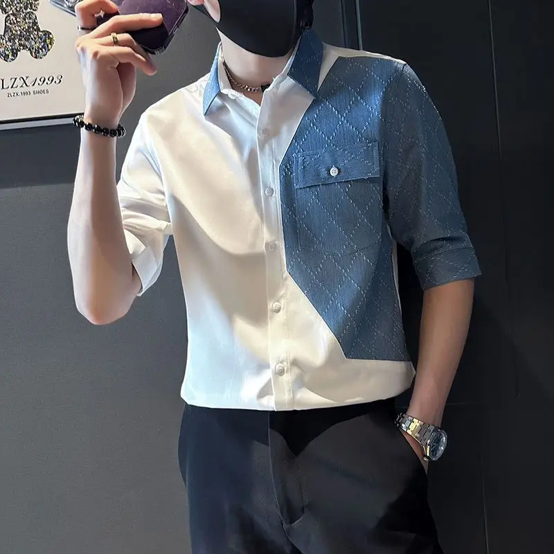 Neue Sommer Herren Polo Kragen Spleißen Kontrast farben Tasche vielseitige lose einreihige Multi-Button-Kurzarm Shirt Tops