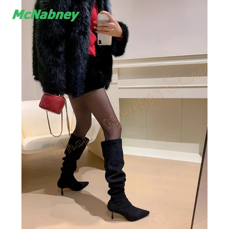 

Retro Pleated Suede High Heel Boots,Pointed Toe Stiletto Knee High Boots Party Women Boots Plus Size2024 New Zapatos Para Mujere