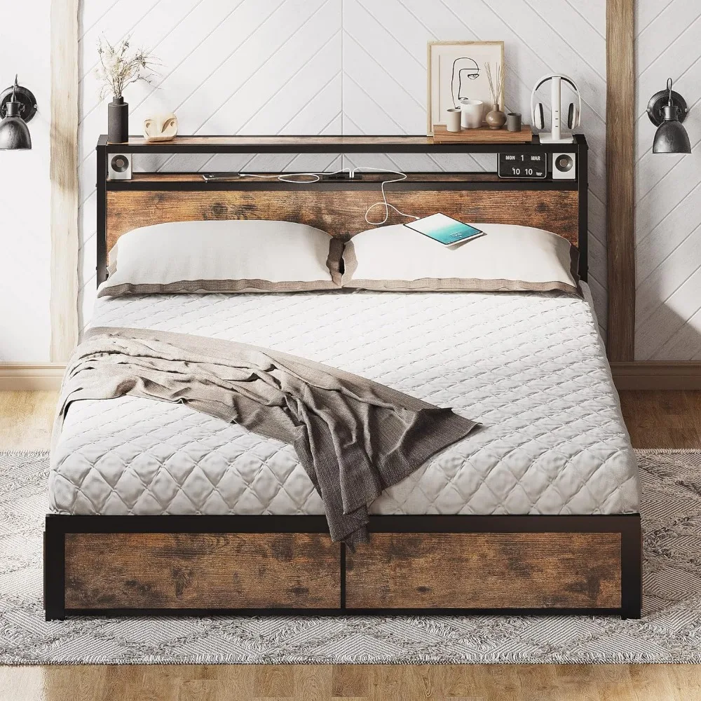 Queen Bed Frame with Storage Drawer, 2-Tier Storage Headboard with Charging Station, No Box Spring Needed, Easy Assembly,