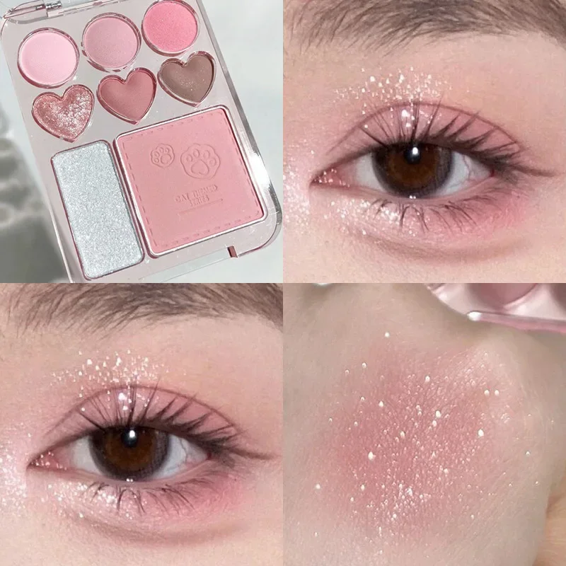 Paleta de sombras rosa laranja, 8 cores, blush facial, iluminador, duradouro, em forma de coração, maquiagem, cosméticos