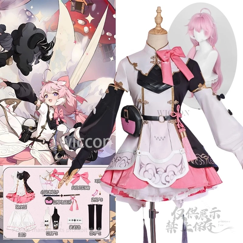 Juego Wuthering Waves Encore Cosplay disfraz vestido uniforme pendientes completo Kawaii vestido traje peluca rosa niñas mujeres fiesta de Halloween