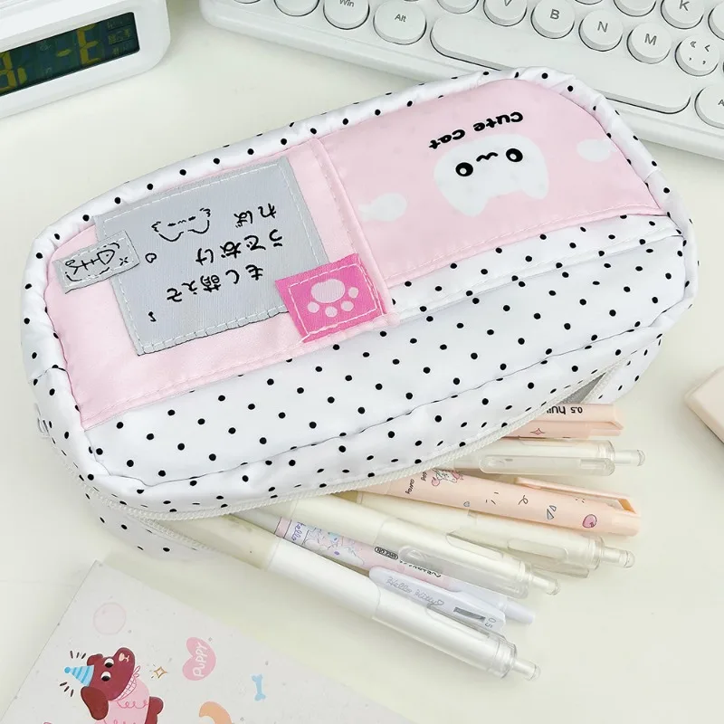 

Ins Japanese Polka Dot Cat Pencil Case Cute High-end Niche Large Capacity Student Stationery Storage Bag