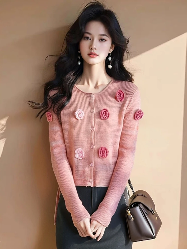 

Warm Knitted Long Sve Sweater with Single Button Design And 3D Flower Decoration Commute Sle Korean Loose Fit Women's Kn...