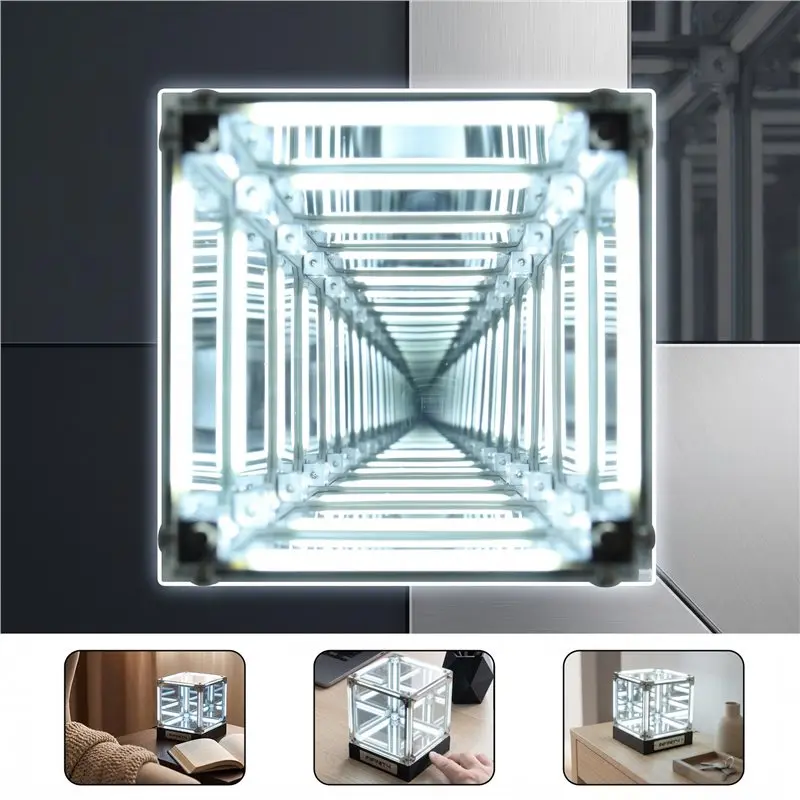 DTEN-Hypercube LED Box 4D Box DIY Wireless Table Light Figure Display Case Abyss Tunnel White Light Ornament