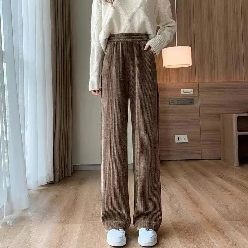 

Solid Pockets Corduroy Wide Leg Pants Elegant Fashion Harajuku Slim Fit Trousers Loose Sweat Casual All Match Straight Pants