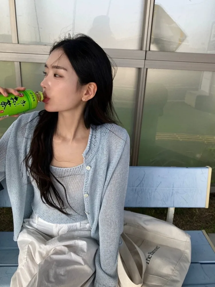 Ele سترة محبوكة و تانك توب طقم مكون من قطعتين لصيف 2025 Dongdaemun Th * Bar * net ثمانية حليب للتنقل Sle فضفاض مناسب