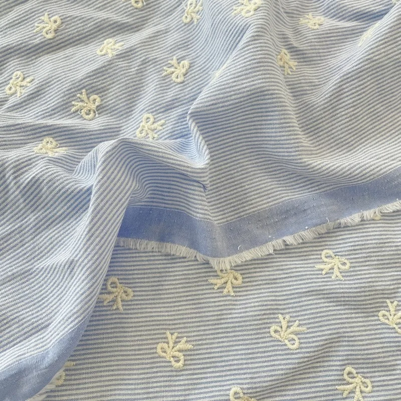

Fine Striped Bow Heavy Embroidery Fabrics for Sewing Blue Women's Dress Shirt Jacket Curtains Handmade DIY Clothing Fabric