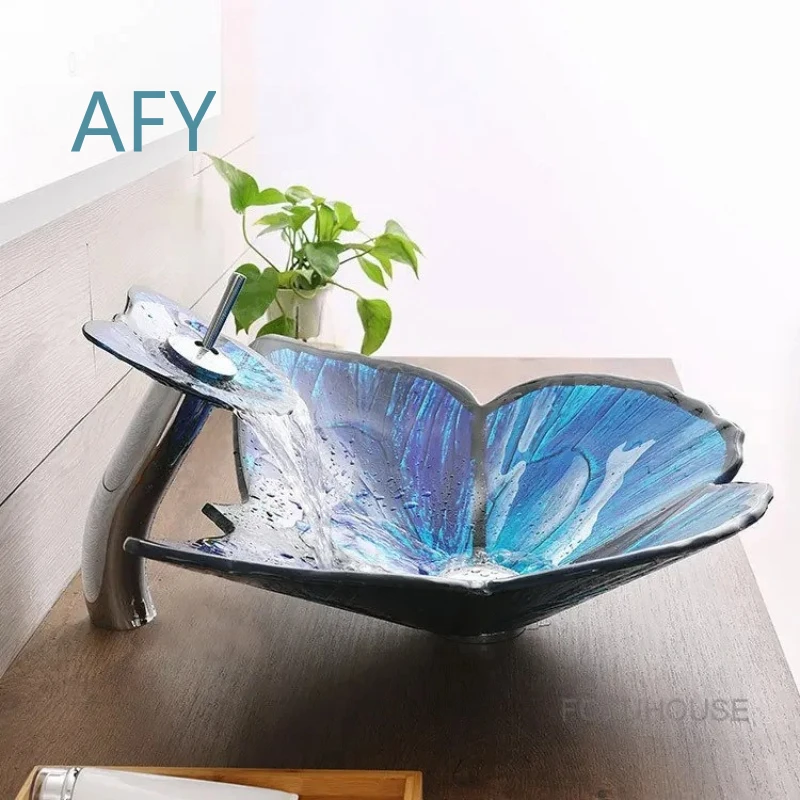 Creative Glass Table Basin for Bathroom Toilet Kitchen Vanity Washbasin Butterfly Design Wall Mounted or Freestanding Washing