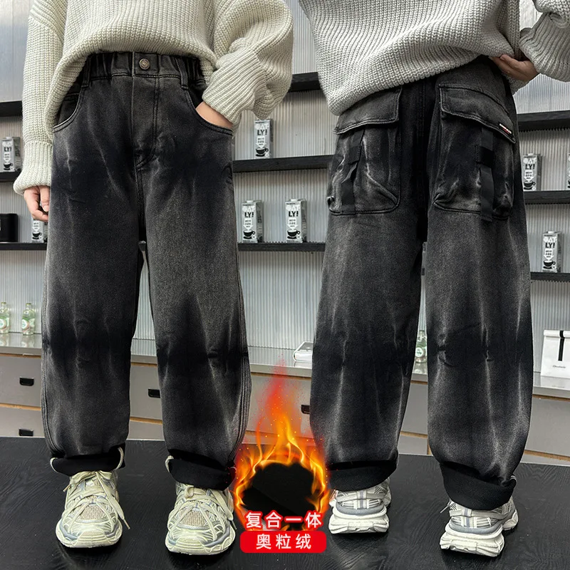 New Stylish Kids Boy Loose Straight Thermal Jeans for Winter Warm Denim Pants With Tie dye Design Child Thick Insulated Trousers