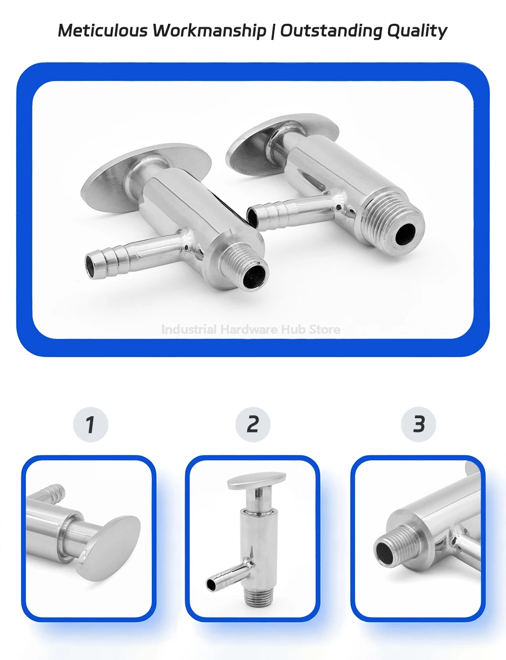 1/4" 1/2" BSPT Außengewinde SS304 Edelstahl Aseptisches Sanitär-Abtastventil, 10 mm Schlauchtülle, manueller Griff – Detail 1