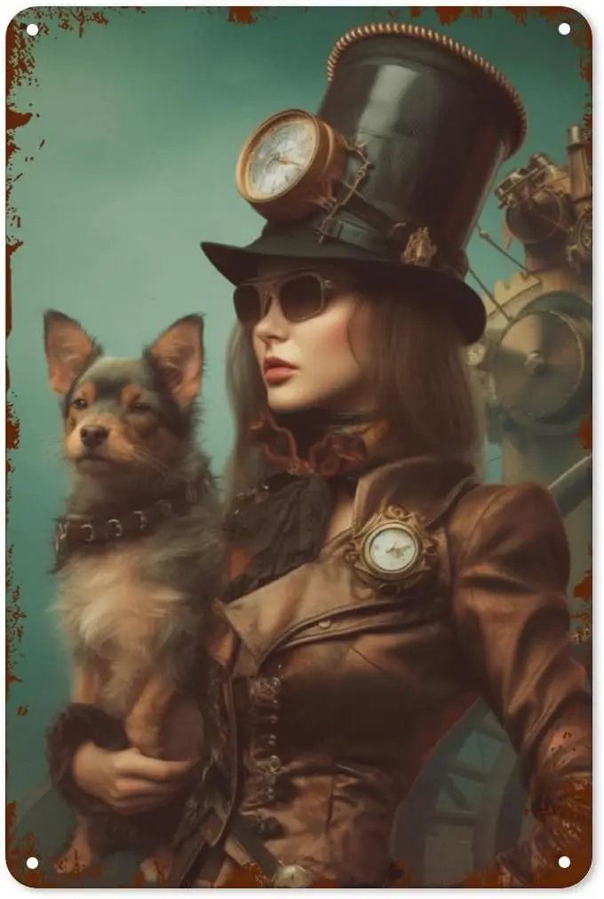 Steampunk Girl And Cute Dog Tin Sign Vintage Pinup Girls Metal Tin Sign Wall Decor Art for Cafe Lovers Home Garage Bar Man Cave