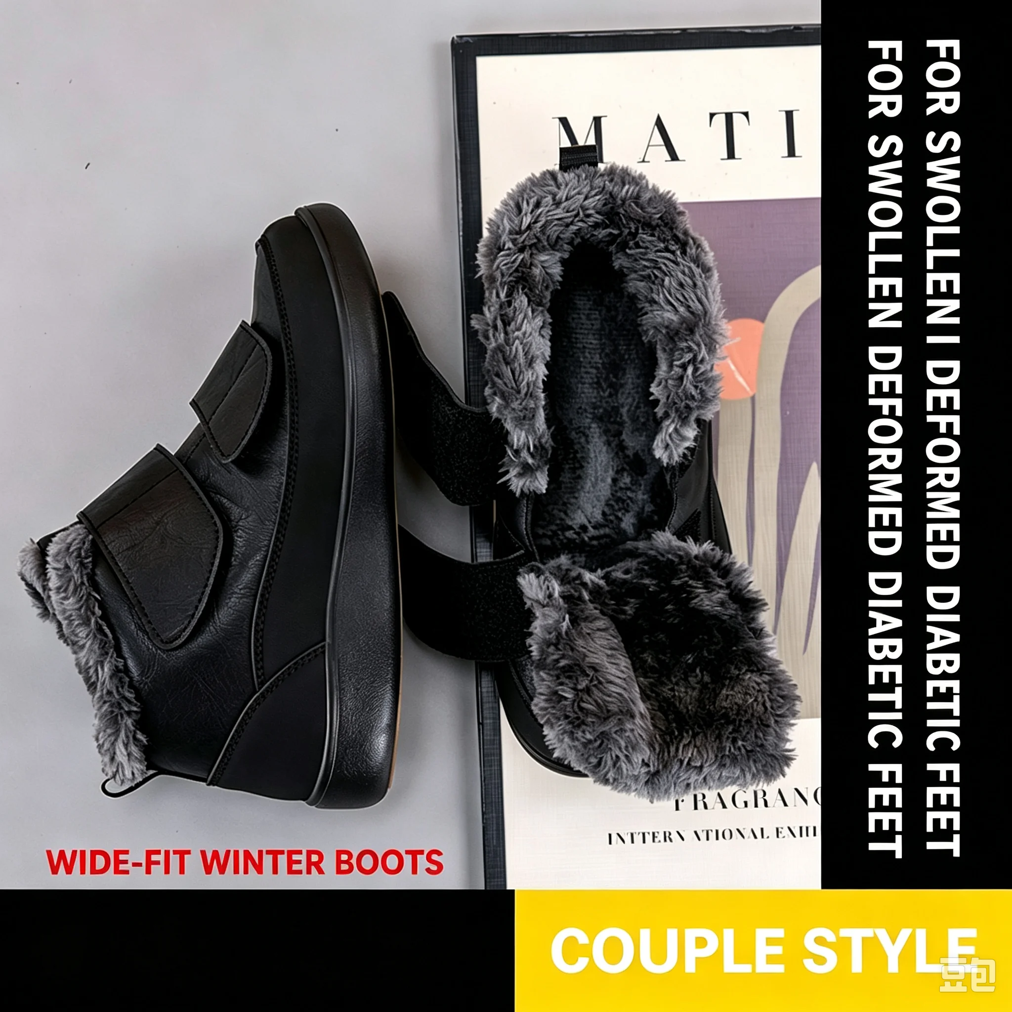 Men's Women's Wide Fit Winter Cotton Boots Warm Furry Non-Slip Diabetic Shoes for Swollen Feet Elderly Edema Footwear Waterproof