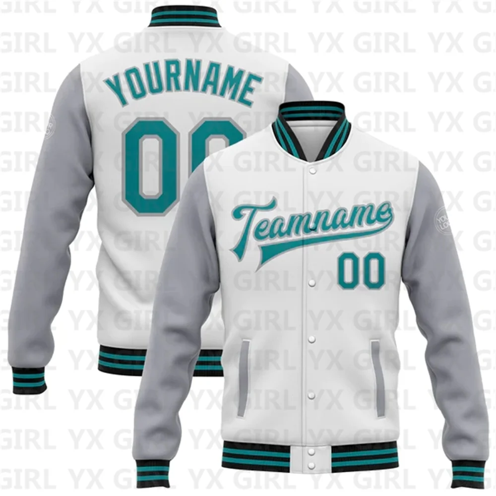 Custom White Teal Gray-Black Bomber Full-Snap Varsity Letterman Two Tone Jacket 3D Baseball Button Jacket