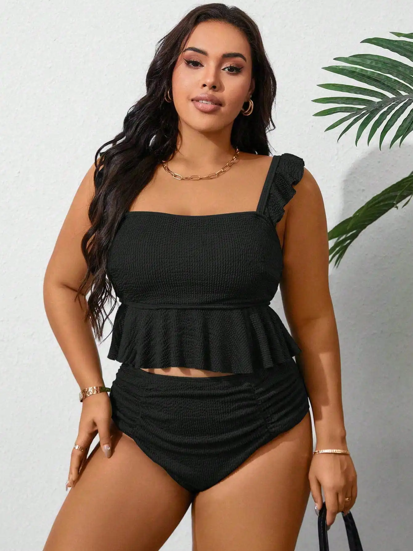 Black Ruffled Peplum Bikini Set With Square Neck And High Waist