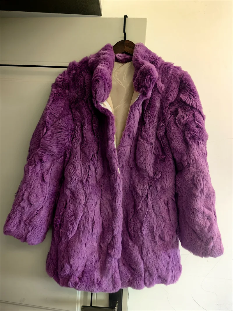 معطف فرو أرنب حقيقي طبيعي حقيقي للنساء معطف متوسط الطول بياقة واقفة للخريف والشتاء دافئ